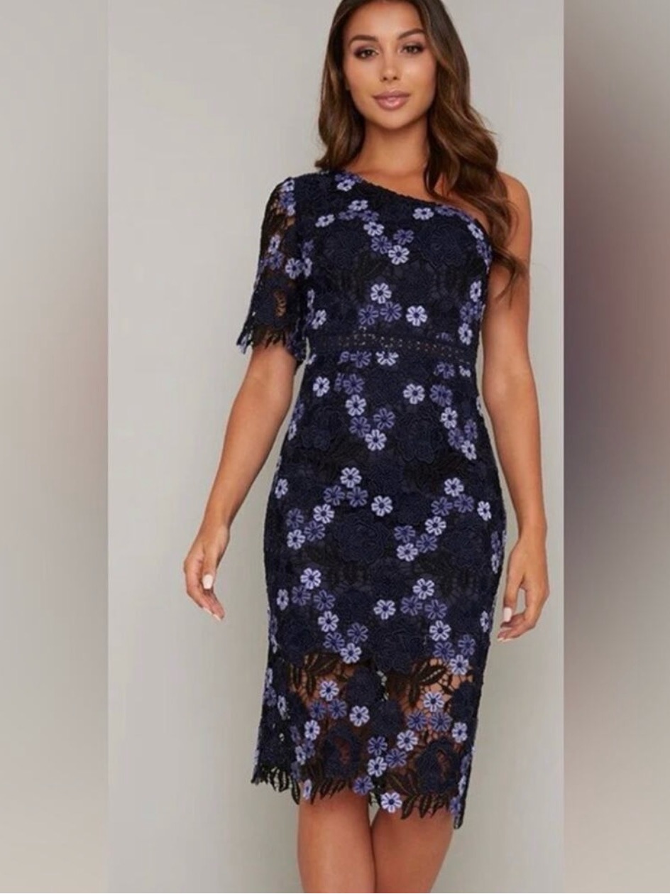 Chi Chi London Lenka Periwinkle Lace One Shoulder Cocktail Midi Dress Sz 12 Nwt